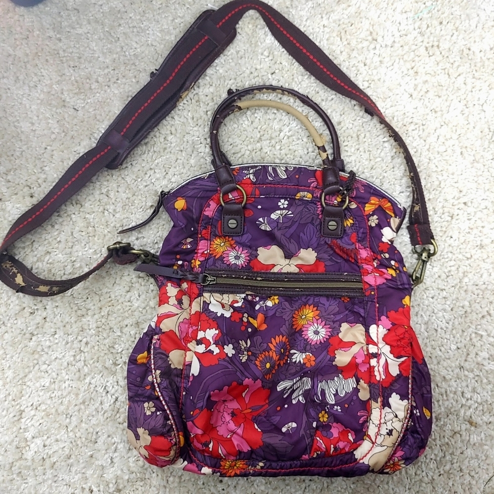 Sakroots Large Purple Foldover Floral Crossbody Satchel Shoulder Handbag Purse